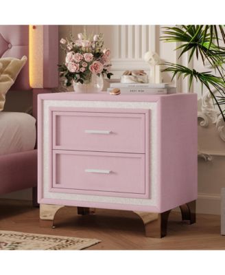 2 Drawers Nightstand with Silver Glitter Strip Decor and Metal Legs, Velvet Bedside Table End Table for Bedroom, Living Room