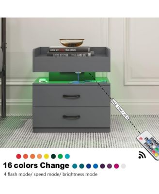 Wood Nightstand with Adjustable LED Light Strip, Modern Bedside Table with 2 Drawers and Open Storage Compartment, Side End Table for Bedroom