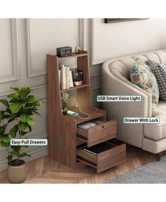 Nightstand with Charging Station and Night Light, Lockable Bedside Cabinet Table with 2 Storage Drawers and Bookshelf for Bedroom