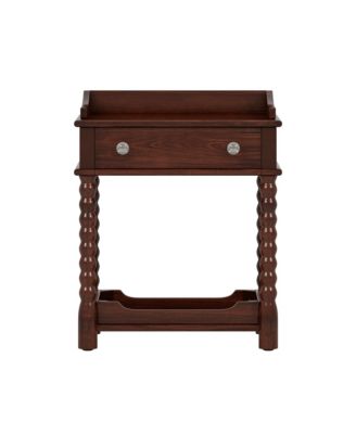 Retro Style Nightstand with Drawer and Open Shelf, Wooden Bedside Table with Turned Legs and Metal Handle for Bedroom, Living Room