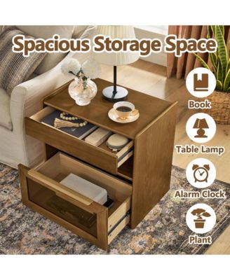 Nightstand with Charging Station and Outlet Hole, Mid Century Modern Bedside Table with Open Shelf, End Table for Living Room