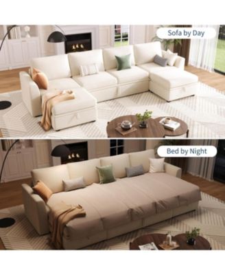 Sectional Sleeper Sofa with Pull-Out Bed, Chenille Modular Couch with Storage and 2 Ottomans