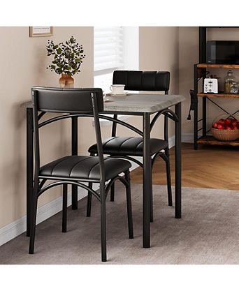Modern Rustic Gray Square Dining Set, 29.2' L x W 30.1' H Table, 33.7' 18.4' 17' Chairs, 2 Person, Metal and MDF, Easy Assembly, Space-Saving