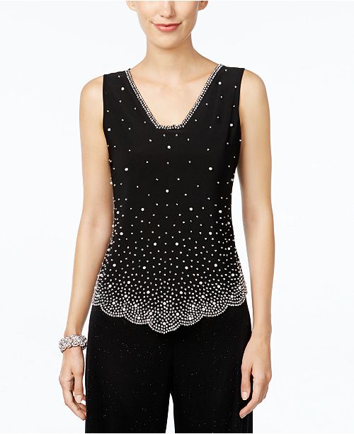Women Casual Three Quarter Sleeve Overlay Embellished Tops
