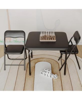 folding table and 2 chairs with soft PU cushions, metal and PU, portable kids table set for eating, reading, and playing
