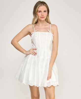 Juniors' Sleeveless Corset Detail Embroidered Dress