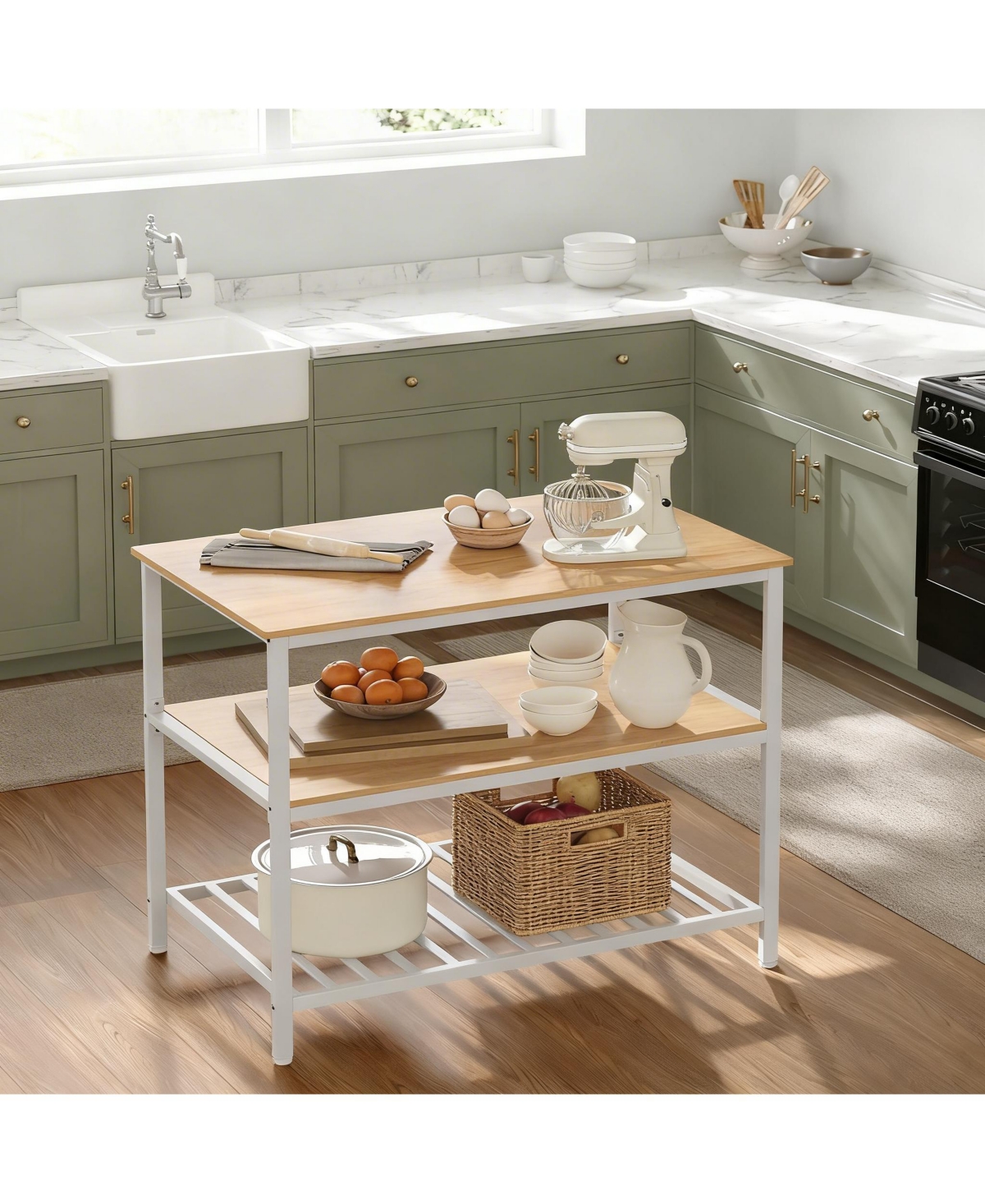 Yigii Kitchen Island 3-Tier Storage Large Worktop Steel Industrial Oak