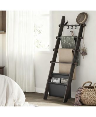 Blanket Ladder 5-Tier Wooden Shelf Farmhouse Rack Leather Bag