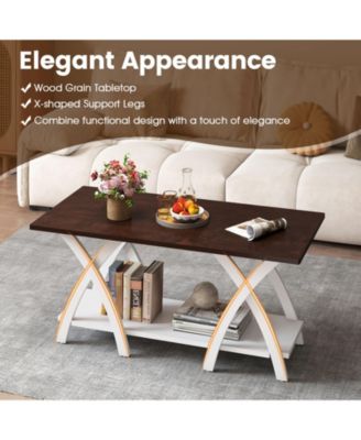 40 Inch Farmhouse Wooden 2-Tier Coffee Table with Storage Shelf for Living Room