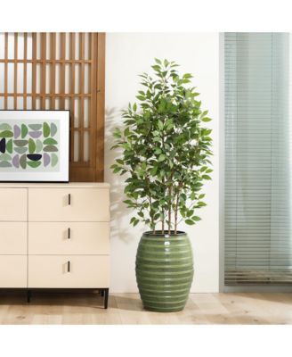 17.7" Tall Ceramic Planter Pot for Indoor Outdoor Plants with Ribbed Texture, Large Garden Plant Pots with Drainage Hole, Green