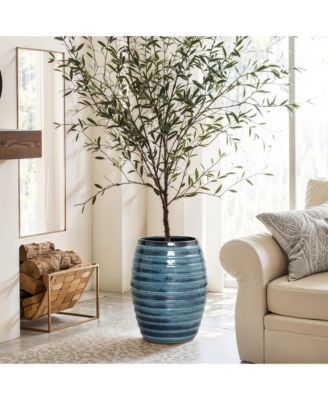 17.7" Tall Ceramic Planter Pot for Indoor Outdoor Plants with Ribbed Texture, Large Garden Plant Pots with Drainage Hole, Blue