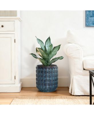 14" Tall Ceramic Planter Pot for Indoor Outdoor Plants with Geometric Texture, Large Garden Plant Pots with Drainage Hole, Blue