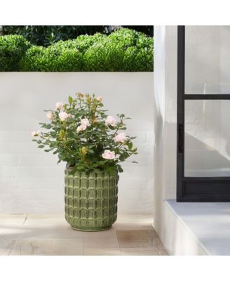 14" Tall Ceramic Planter Pot for Indoor Outdoor Plants with Geometric Texture, Large Garden Plant Pots with Drainage Hole, Green