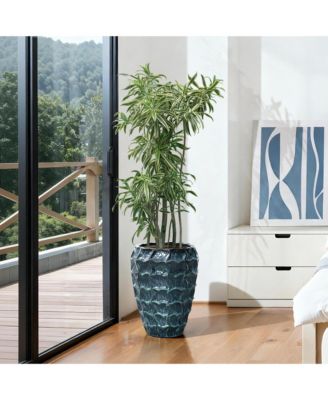 14" Tall Ceramic Planter Pot for Indoor Outdoor Plants with Geometric Texture, Large Garden Plant Pots with Drainage Hole, Blue