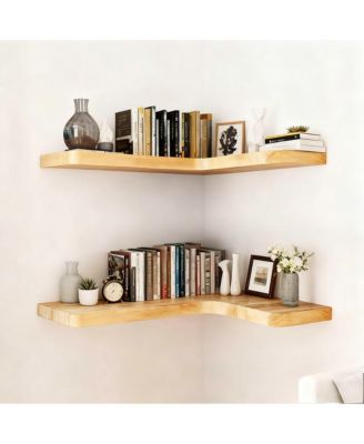 Floating Corner Shelves Wall Mounted Set of 2 Solid Wood Storage Display