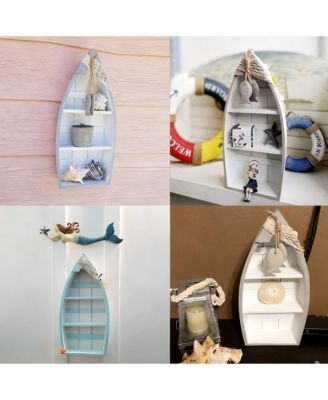 Wooden Boat Shelf 16.5" Display Fish Net Starfish Seashell Nautical Beach Decor