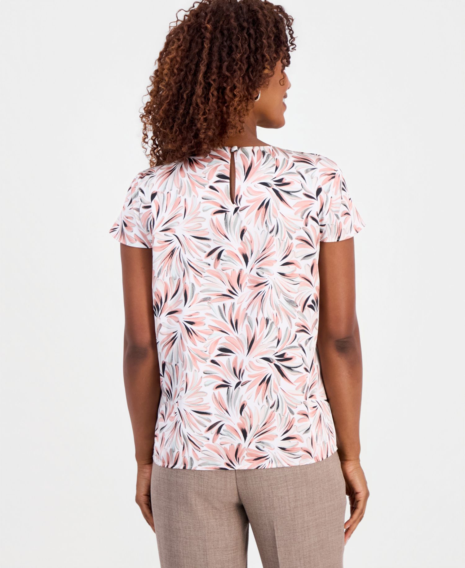 Women's Printed Pleated-Neck Cap-Sleeve Top