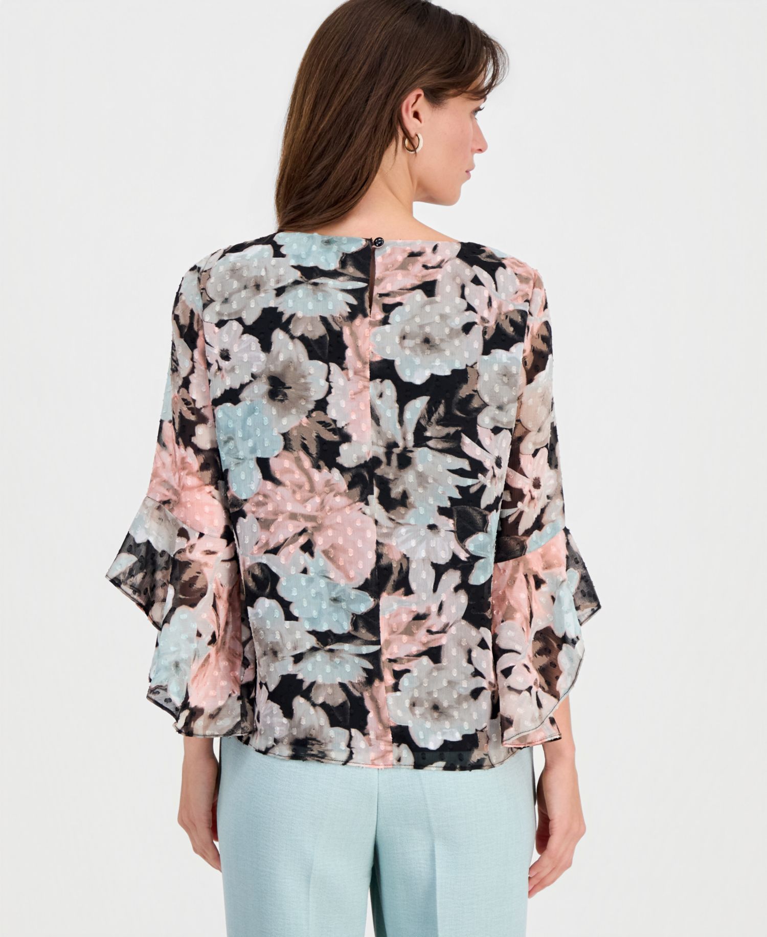 Petite Floral Clip-Dot 3/4-Sleeve Top