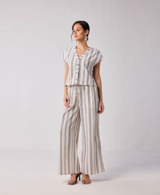 Women's Striped Matching Set with Wide-Leg Pants and V-neck Top