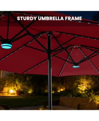 15ft Double-Sided Solar RGB LED Patio Umbrella with Base, Dual Charging