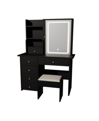 Vanity Desk with Sliding Mirror, LED Lights, Charging Station