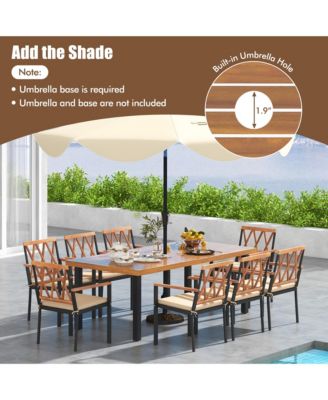 9 PCS Patio Dining Set Acacia Wood Table w/ Soft Cushions and 1.9'' Umbrella Hole
