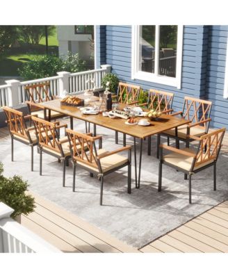 9 PCS Patio Dining Set w/ 8 Chairs Acacia Wood Table Top Umbrella Hole for Yard