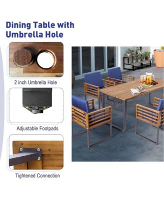 7PCS Acacia Wood Patio Dining Set Cushioned Dining Chair and Table Set w/ Umbrella Hole