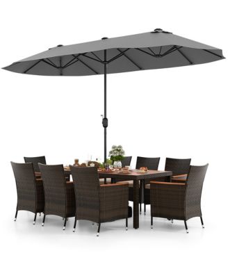 9 Piece Patio Wicker Dining Set w/ Double-Sided Patio Grey Umbrella Stackable Chairs