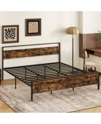 Metal Bed Frame Industrial Platform Bed with Wooden Headboard