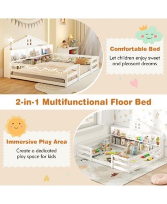 Montessori Floor Bed with Storage Compartments and Shelf