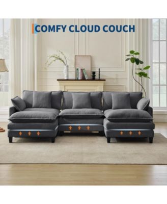 112" Modular Sectional Sofa, U-Shaped Corduroy Cloud Couch with Ottoman and Pillows, Deep Seat