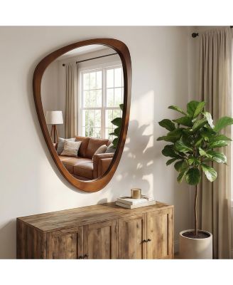 Walnut Wood Color 24"x36" Irregular Solid Wood Frame Decorative Mirror,For Bedroom, Bathroom, Living Room, Entryway