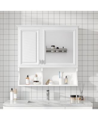 30" Wall Mounted Mirror Medicine Cabinet with Open Shelves, Doors and Adjustable Shelf, Bathroom Storage over Toilet