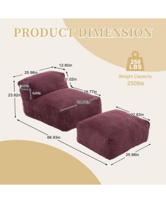 Big Corduroy Bean Bag Chair with Footstool, Memory Foam Filled Floor Chair with Side Pockets for Living Room