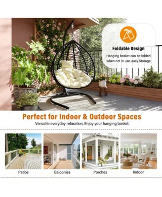 Hanging Hammock Chair, Foldable Rattan Egg Swing Chair with Iron Frame, Plush Cushion and Removable Headrest for Indoor Outdoor