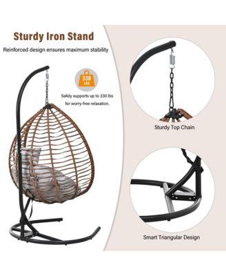 Hanging Rattan Egg Swing Chair, Foldable Hammock Chair with Iron Frame, Comfortable Cushion and Removable Headrest for Balcony