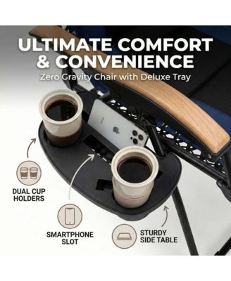 Foldable Lounge Chair, Portable Zero Gravity Recliner with Cup Holder and Wooden Armrests for Outside Patio, Beach and Lawn, Support 400 LBS