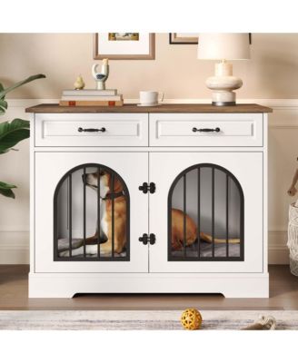 43.3" Dog Crate Furniture with Storage Drawers, Side Doors for Medium Large Dogs, End Table Kennel, WhiteandBrown