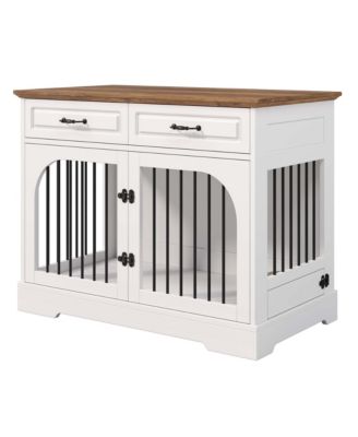 Farmhouse Dog Crate Furniture with Storage and Rotating Bowls, Metal Kennel for Large Dogs, Side Table