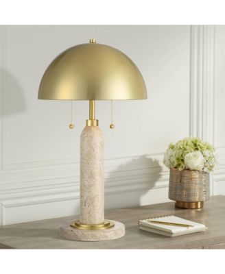 Chanterelle High Mid Century Modern Table Lamp Pull Chain Beige Faux Stone Finish Brass Dome Shade