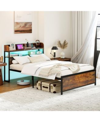 LED Bed Frame with Power Outlets and Storage Headboard