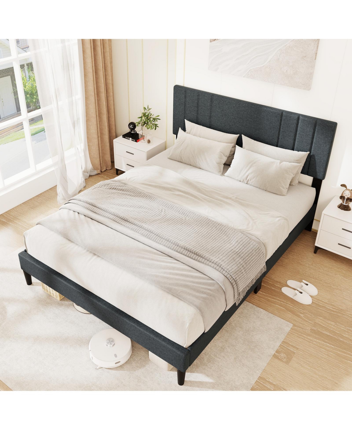 Gouun Bed Frame with Vertical Channel Tufted Headboard and Wooden Slats