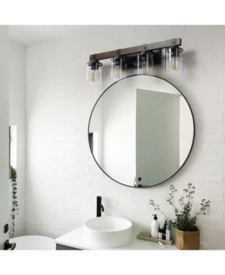 Modern Farmhouse 4-Light Vanity Light, 27" Industrial Wall Sconce with Wood Accents and Clear Glass Shades for Bathroom