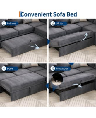 Sectional Sleeper Sofa with Pull-Out Bed, U-Shaped Chenille Modular Couch with Storage and Ottomans