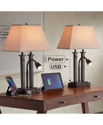 Deacon High Industrial Desk Lamps Set of 2 USB Port AC Power Outlet Gooseneck Bronze Finish Metal Charging