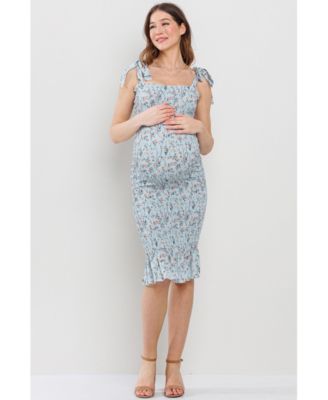 Maternity Floral Smocked Square Neck Bodycon Midi Matertnity Dress with Adjustable Tie Straps