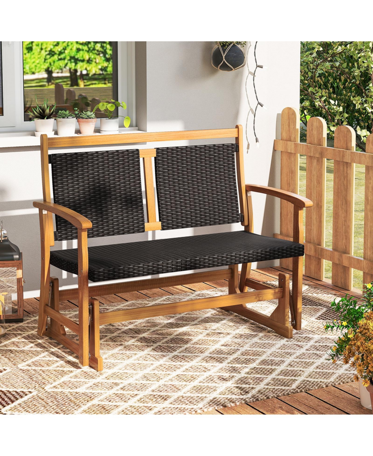 Sugift Patio Rattan Glider Bench for 2 with Acacia Wood Frame and Wicker Seat Back