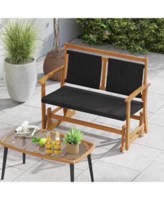 Patio Rattan Glider Bench for 2 with Acacia Wood Frame and Wicker Seat Back