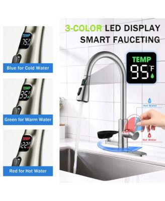 3-in-1 Kitchen Faucet with LED Temp Display, Glass Rinser and Pull-Down Sprayer, Brushed Nickel